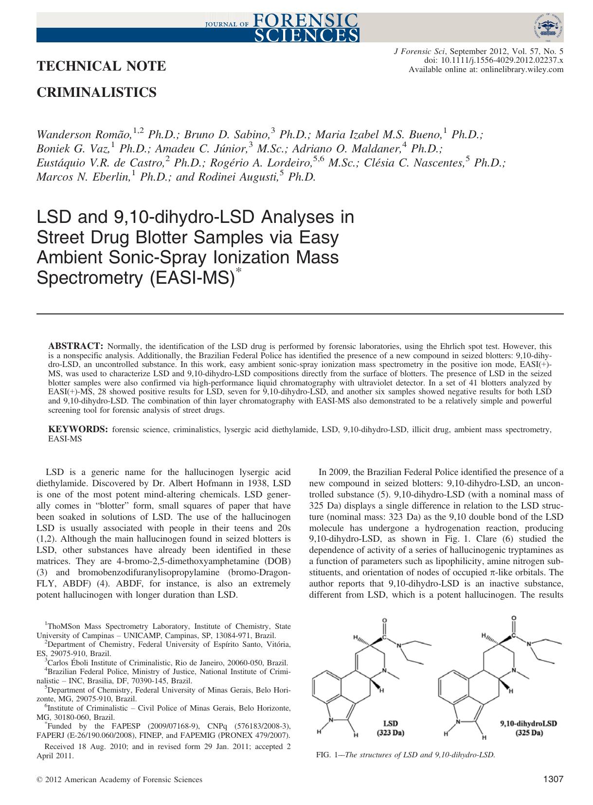 LSD and 9,10dihydroLSD Analyses in Street Drug Blotter Samples via Easy Ambient SonicSpray Ionization MassSpectrometry (EASIMS) by Unknown