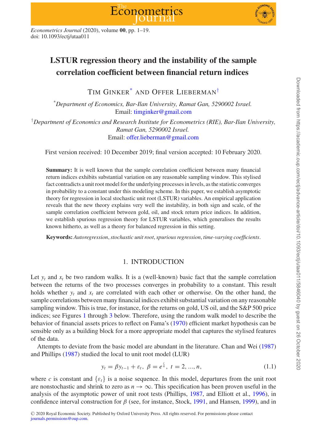 LSTUR regression theory and the instability of the sample correlation coefficient between financial return indices by Tim Ginker & Offer Lieberman