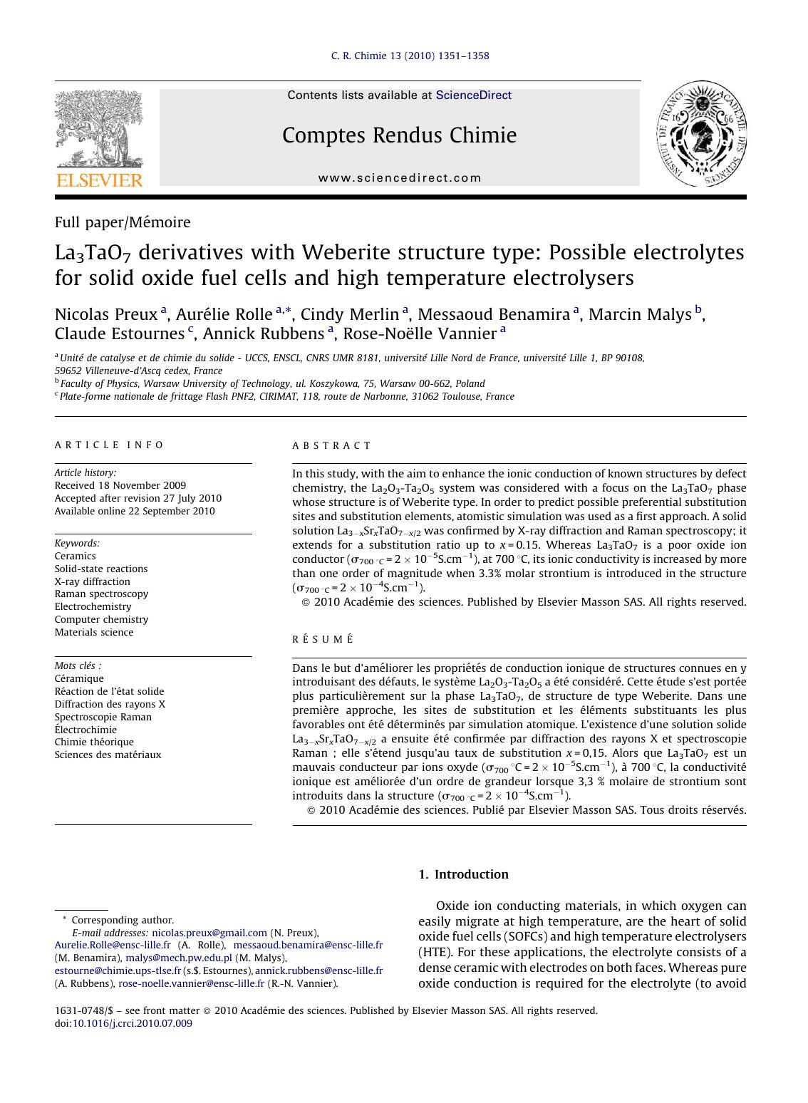 La3TaO7 derivatives with Weberite structure type: Possible electrolytes for solid oxide fuel cells and high temperature electrolysers by Nicolas Preux