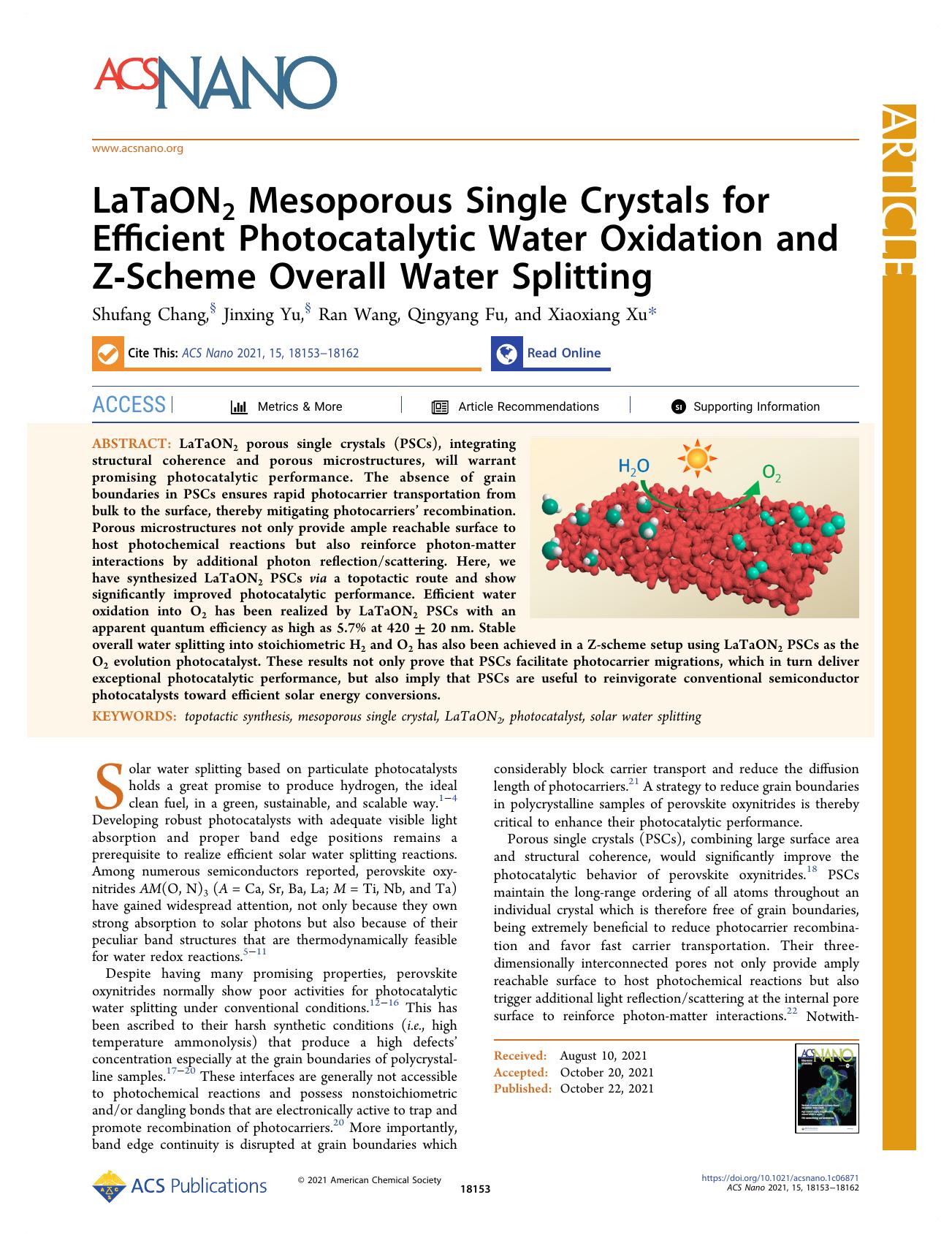 LaTaON2 Mesoporous Single Crystals for Efficient Photocatalytic Water Oxidation and Z-Scheme Overall Water Splitting by Shufang Chang Jinxing Yu Ran Wang Qingyang Fu and Xiaoxiang Xu