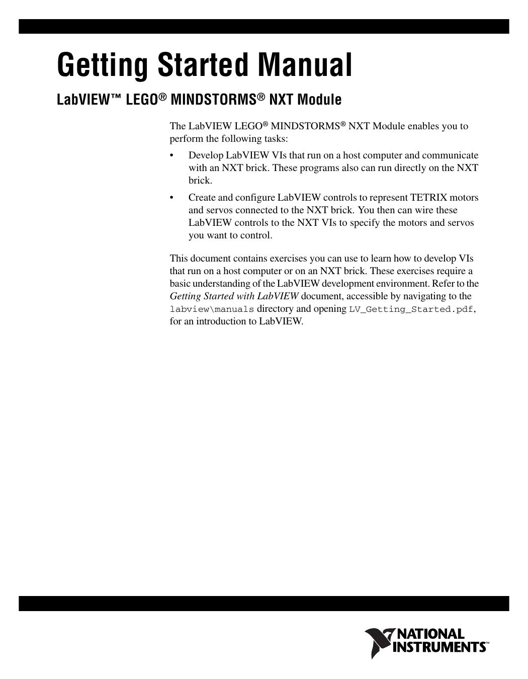 LabVIEW LEGO MINDSTORMS NXT Module Getting Started Manual by Technical Communications
