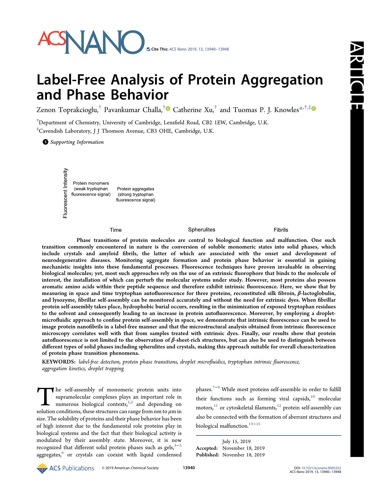 Label-Free Analysis of Protein Aggregation and Phase Behavior by Zenon Toprakcioglu Pavankumar Challa Catherine Xu and Tuomas P. J. Knowles