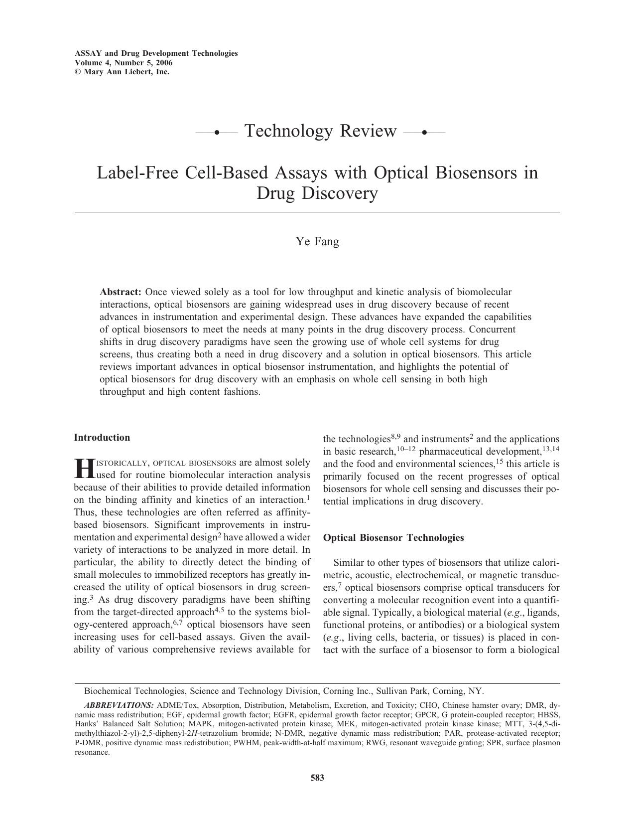 Label-Free Cell-Based Assays with Optical Biosensors in Drug Discovery by Ye Fang Ph.D