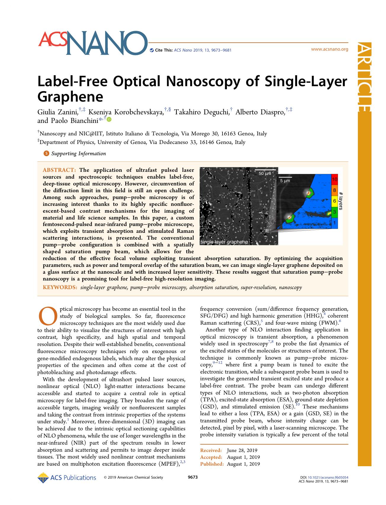 Label-Free Optical Nanoscopy of Single-Layer Graphene by Giulia Zanini Kseniya Korobchevskaya Takahiro Deguchi Alberto Diaspro and Paolo Bianchini