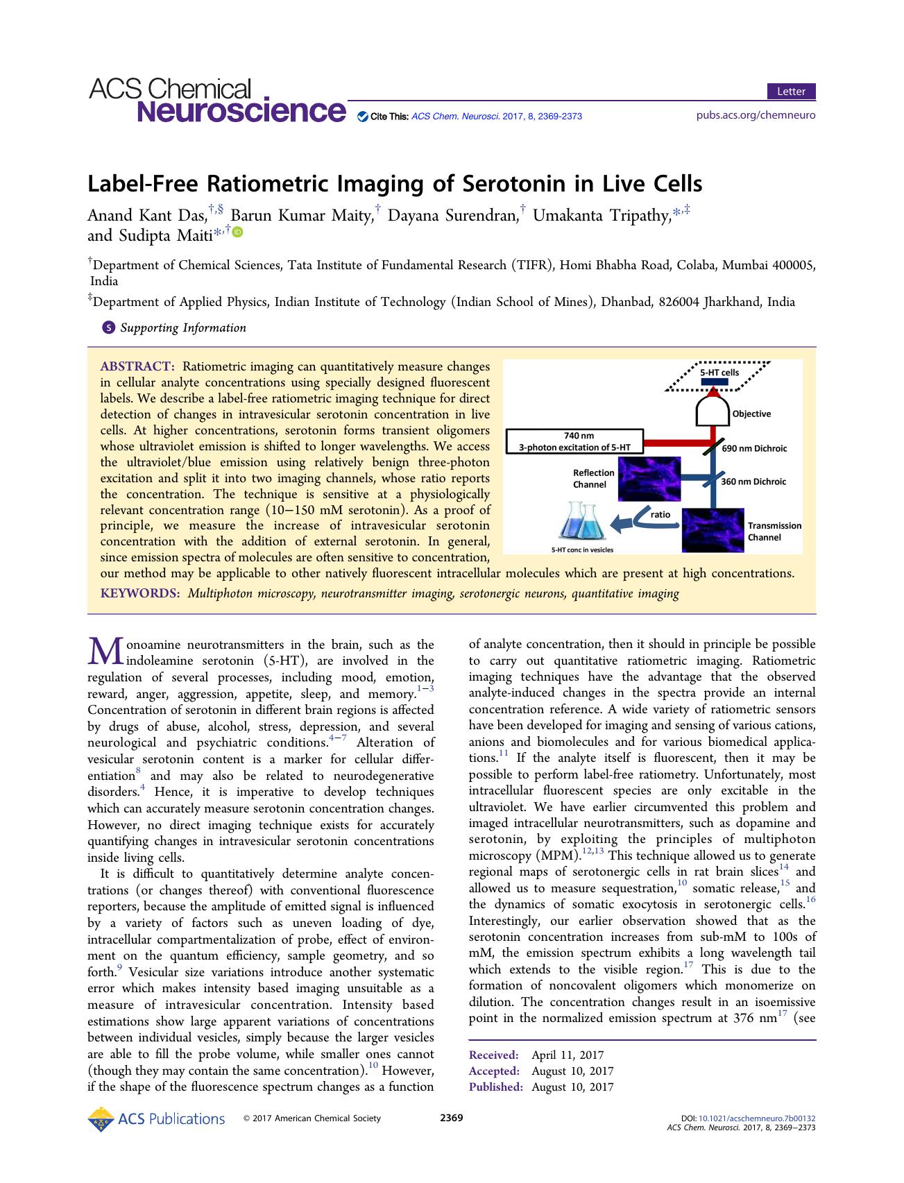 Label-Free Ratiometric Imaging of Serotonin in Live Cells by Anand Kant Das Barun Kumar Maity Dayana Surendran Umakanta Tripathy and Sudipta Maiti