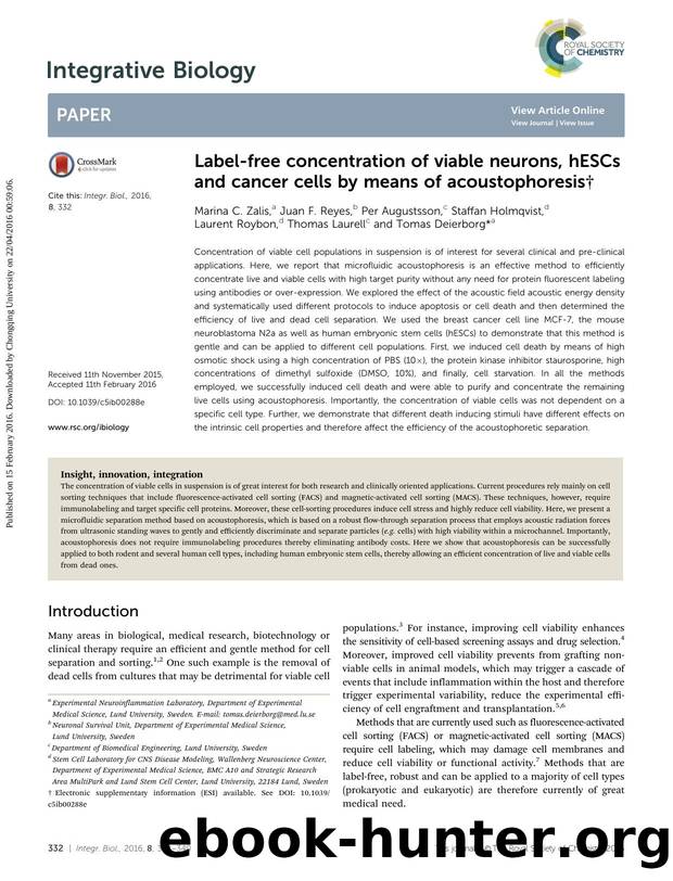 Label-free concentration of viable neurons, hESCs and cancer cells by means of acoustophoresis by unknow