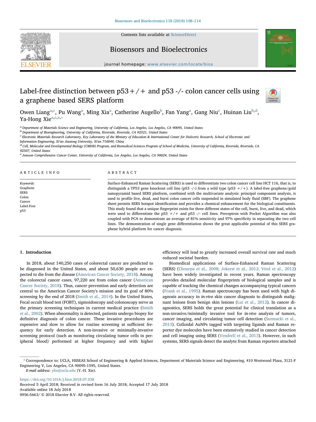 Label-free distinction between p53++ and p53 -- colon cancer cells using a graphene based SERS platform by Owen Liang & Pu Wang & Ming Xia & Catherine Augello & Fan Yang & Gang Niu & Huinan Liu & Ya-Hong Xie
