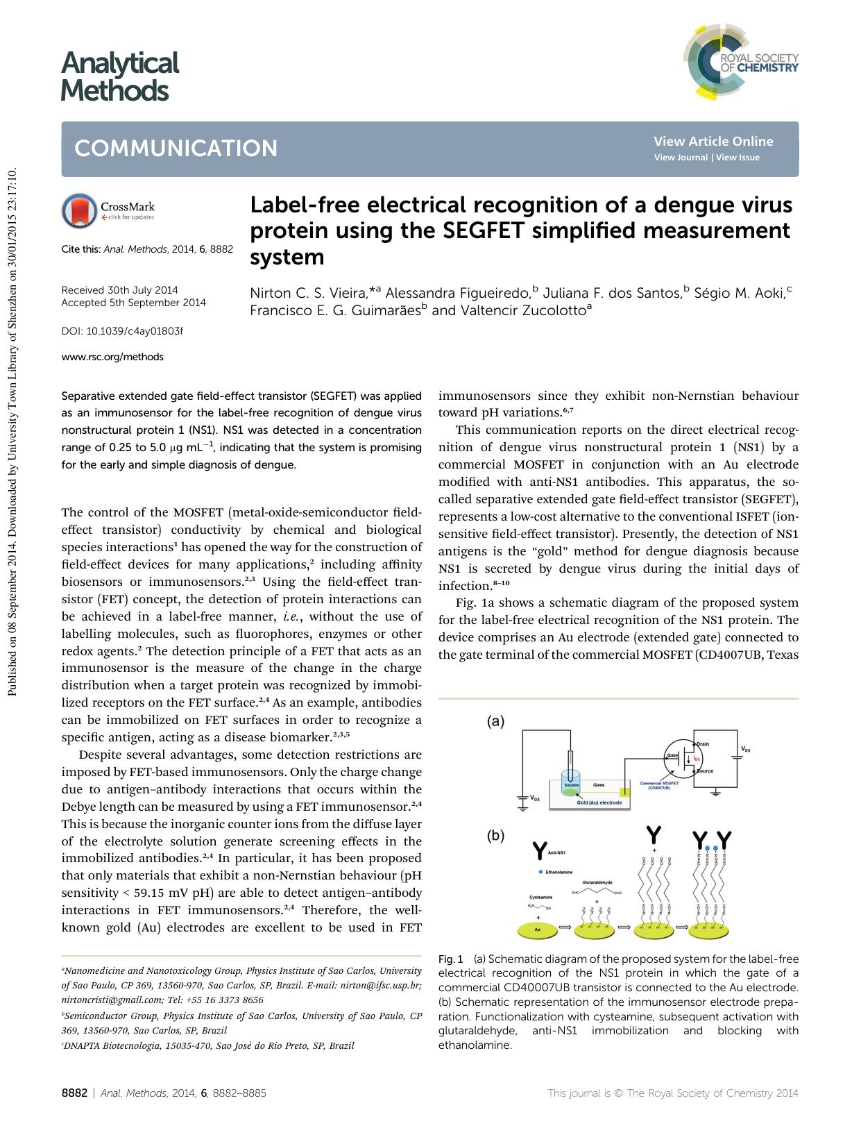 Label-free electrical recognition of a dengue virus protein using the SEGFET simplified measurement system by unknow