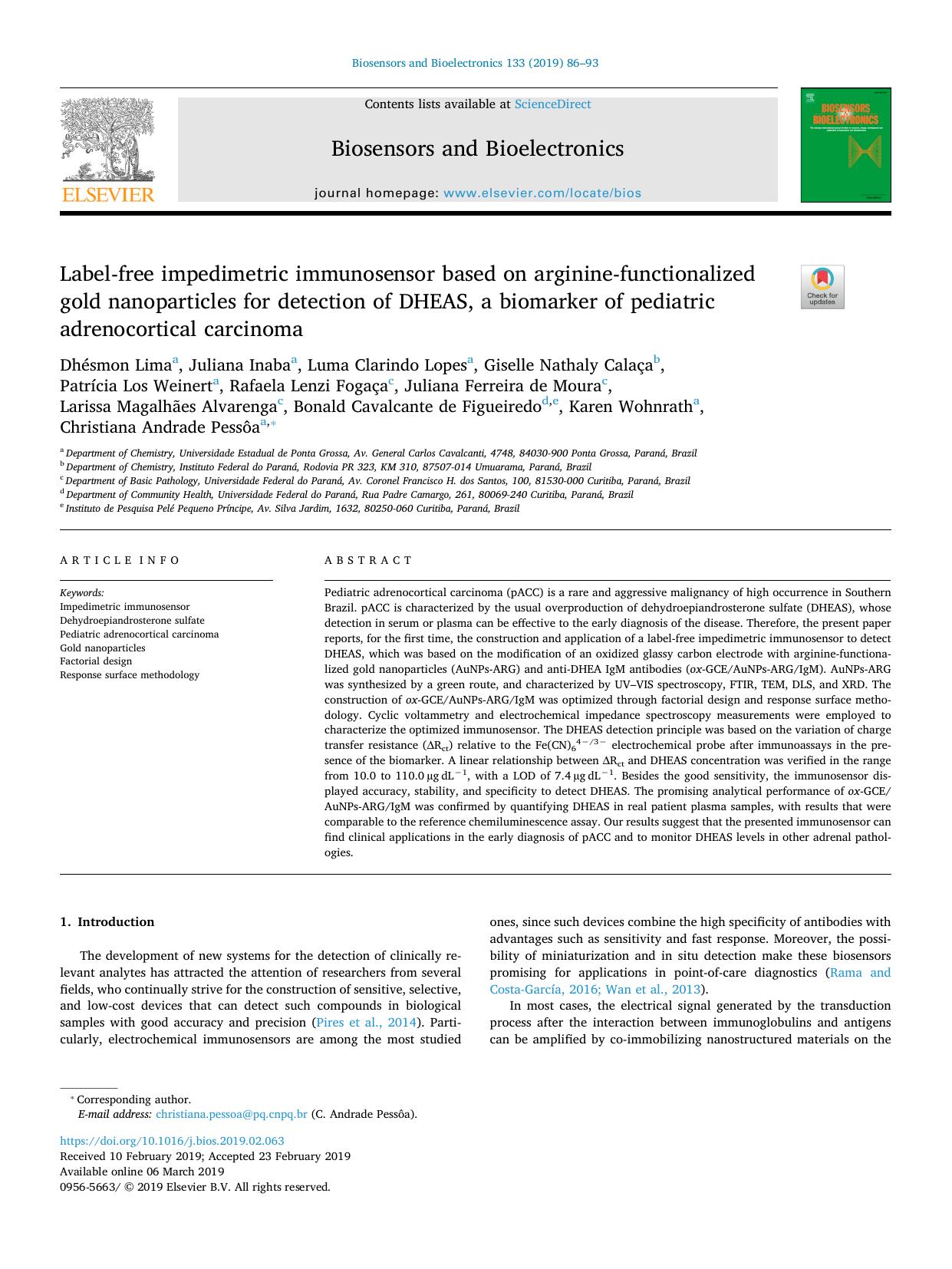 Label-free impedimetric immunosensor based on arginine-functionalized gold nanoparticles for detection of DHEAS, a biomarker of pediatric adrenocortical carcinoma by unknow