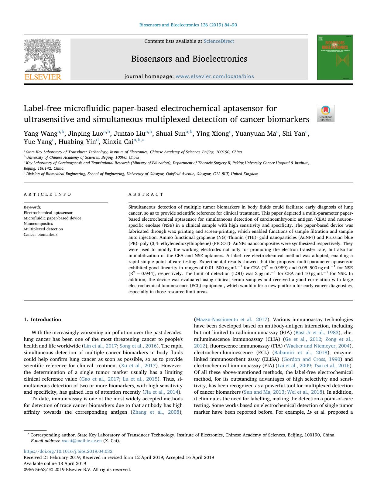 Label-free microfluidic paper-based electrochemical aptasensor for ultrasensitive and simultaneous multiplexed detection of cancer biomarkers by unknow