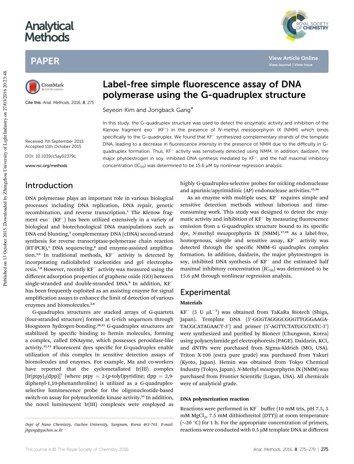 Label-free simple fluorescence assay of DNA polymerase using the G-quadruplex structure by Seyeon Kim & Jongback Gang