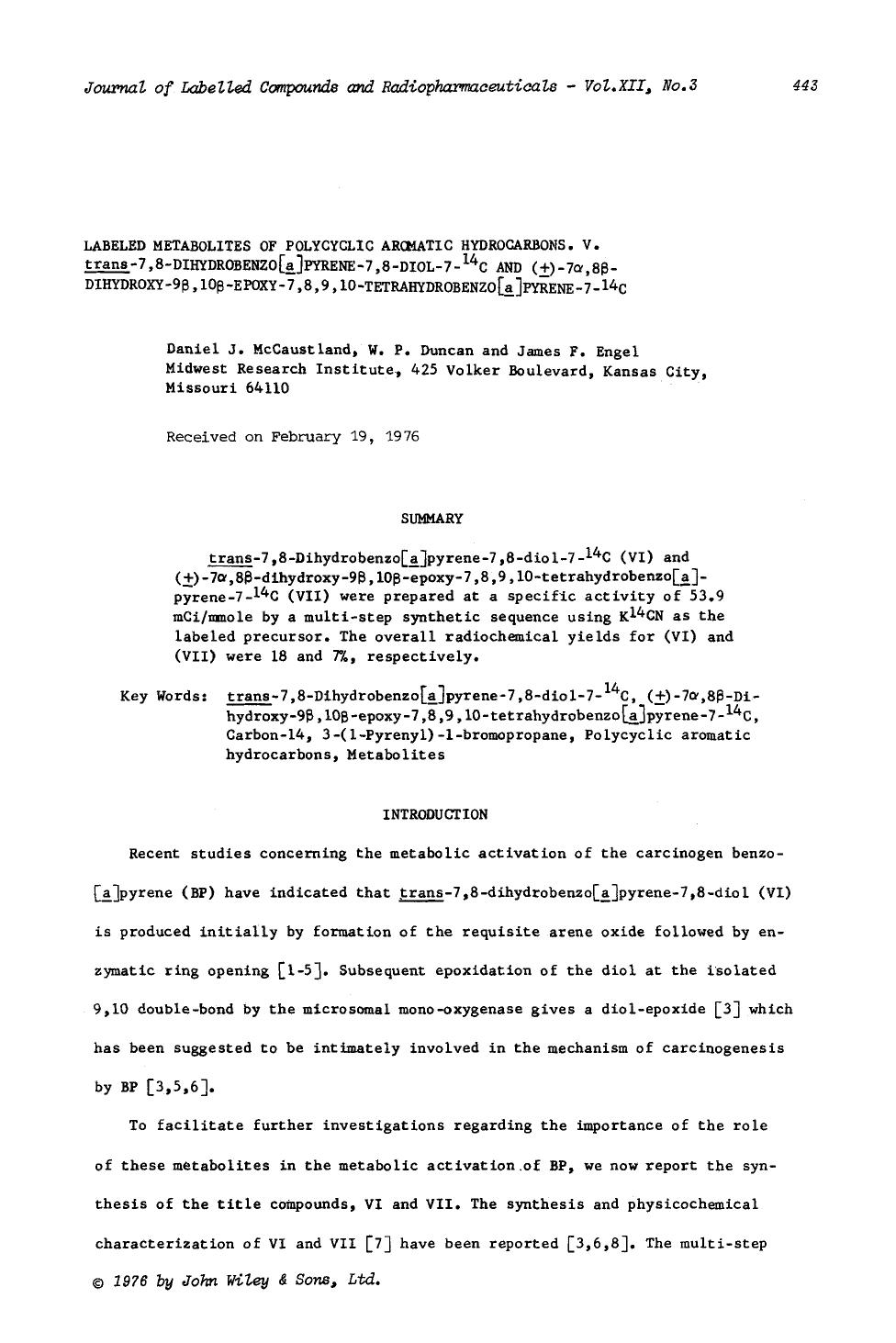 Labeled metabolites of polycyclic aromatic hydrocarbons. V. trans-7,8-dihydrobenzo[a]pyrene-7,8-diol-7-14C and (Â±)-7[alpha],8[beta]-dihydroxy-9[beta],10[beta]-epoxy-7,8,9,10-tetra by Unknown