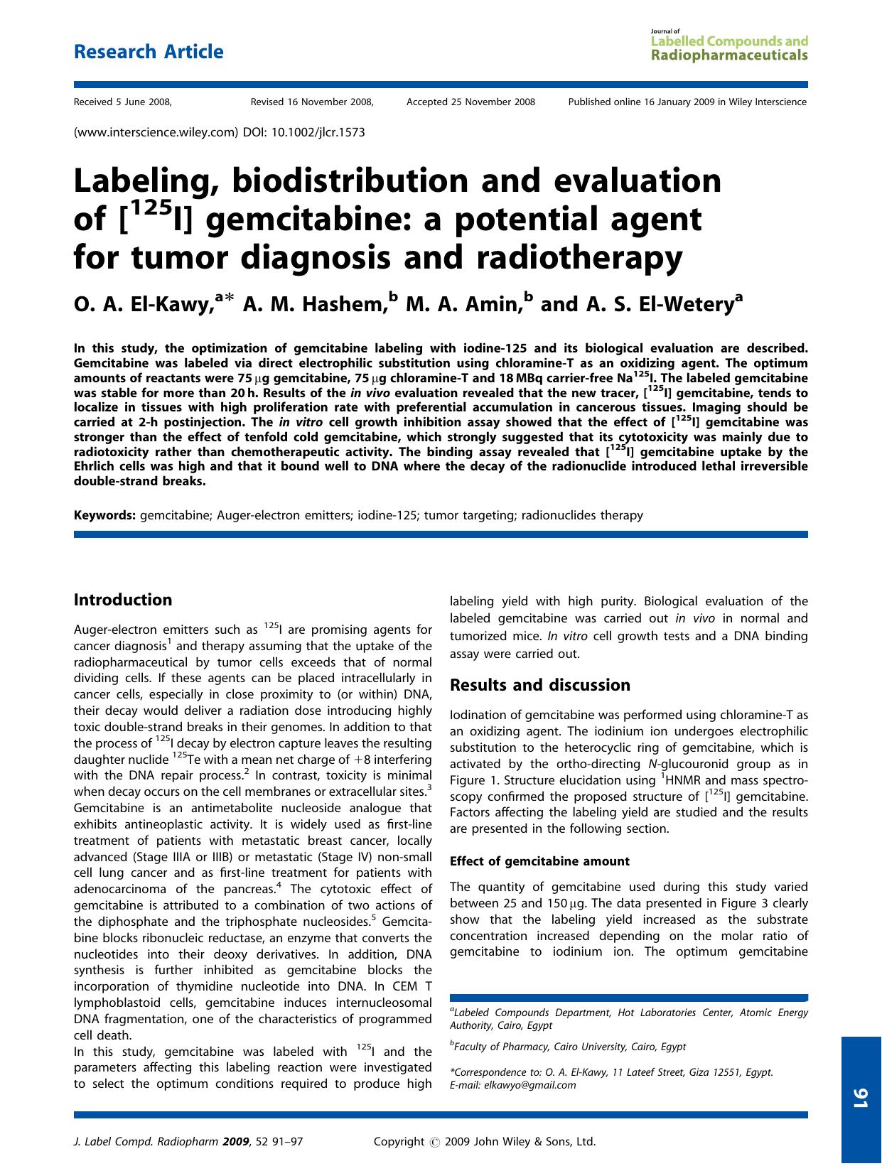 Labeling, biodistribution and evaluation of [125I] gemcitabine: a potential agent for tumor diagnosis and radiotherapy by Unknown