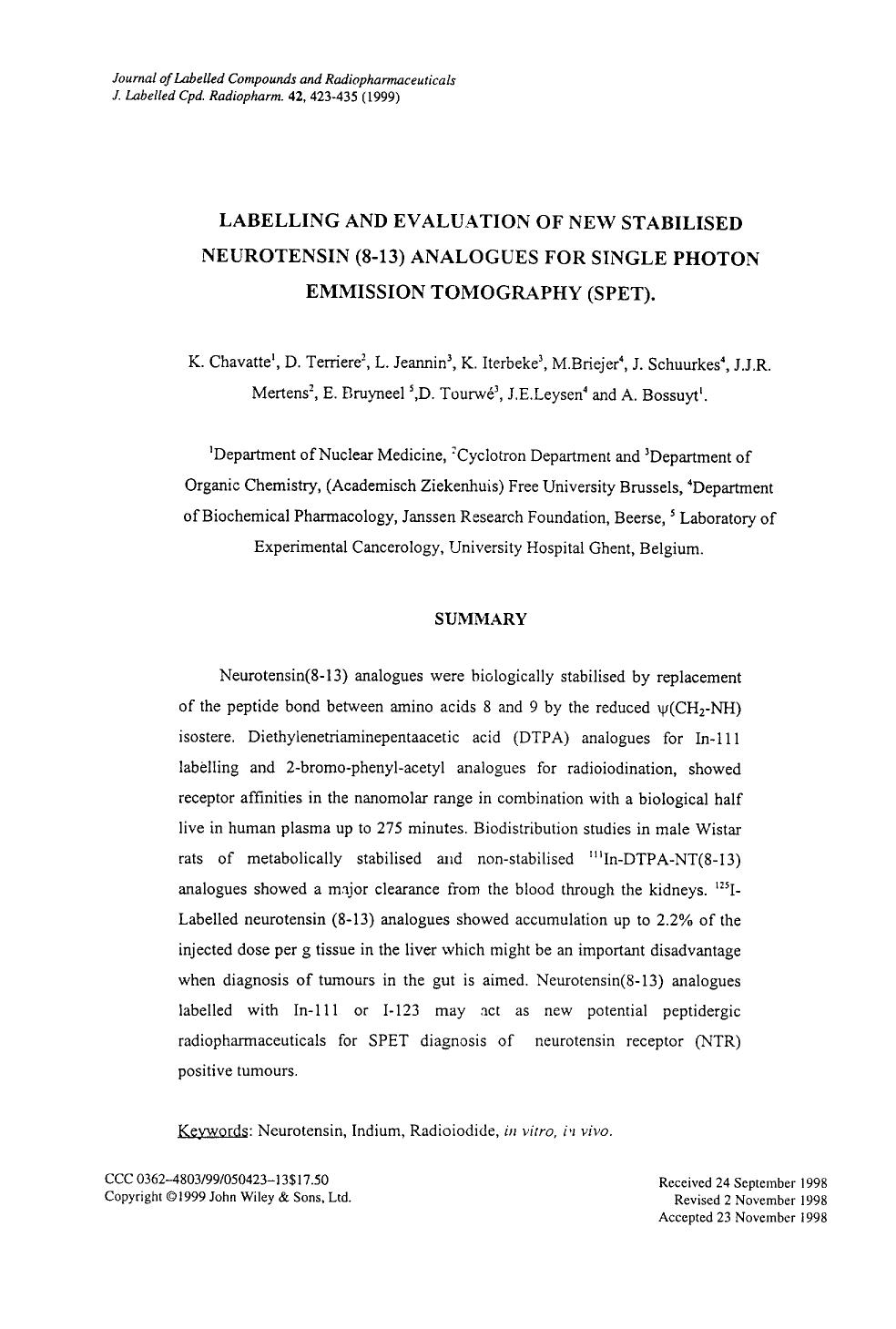Labelling and evaluation of new stabilised neurotensin (8-13) analogues for single photon emission tomography (SPET) by Unknown