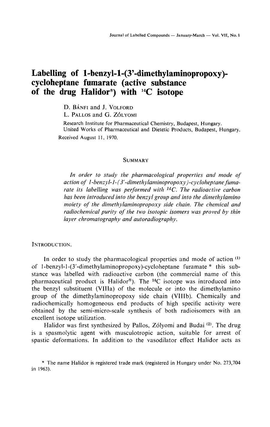 Labelling of 1-benzyl-1-(3[prime]-dimethylaminopropoxy)-cycloheptane fumarate (active substance of the drug HalidorÂ®) with 14C isotope by Unknown