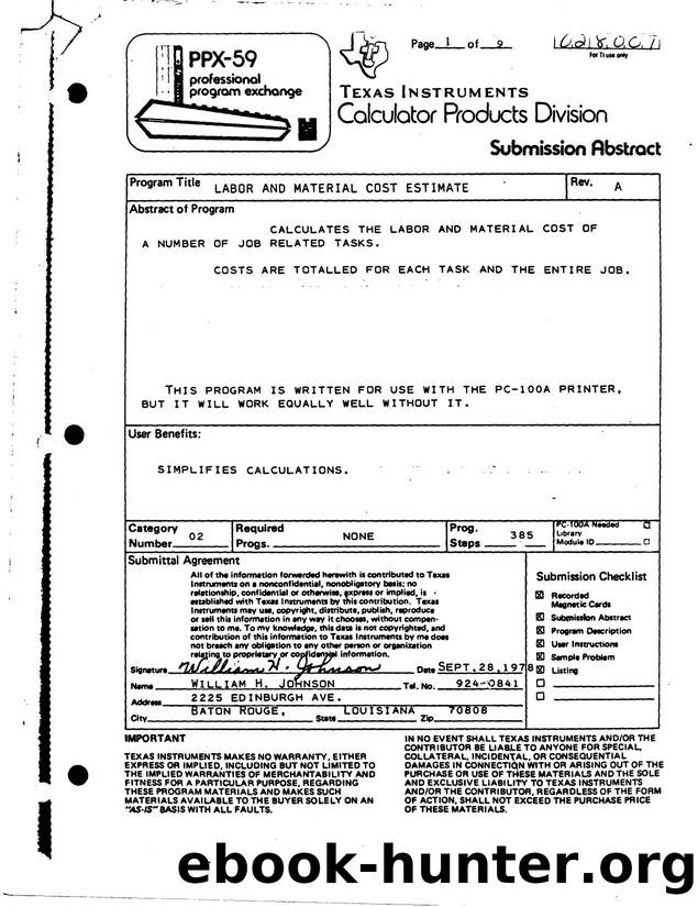 Labor and Material Cost Estimate by Unknown
