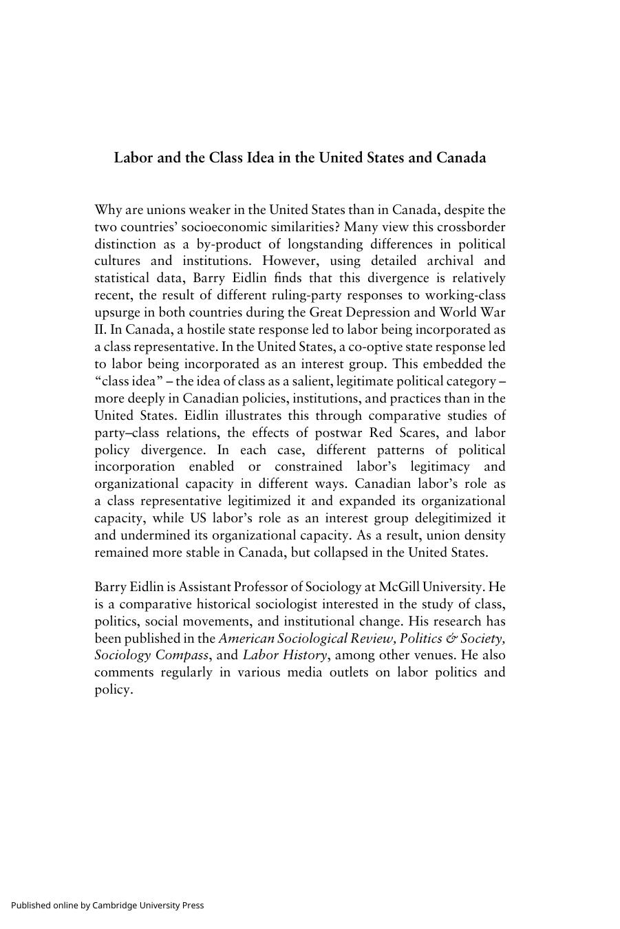 Labor and the Class Idea in the United States and Canada by Barry Eidlin
