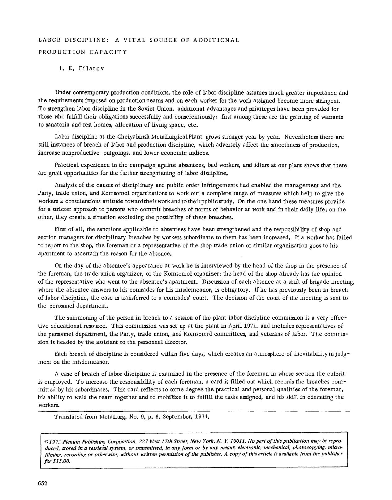 Labor discipline: A vital source of additional production capacity by Unknown