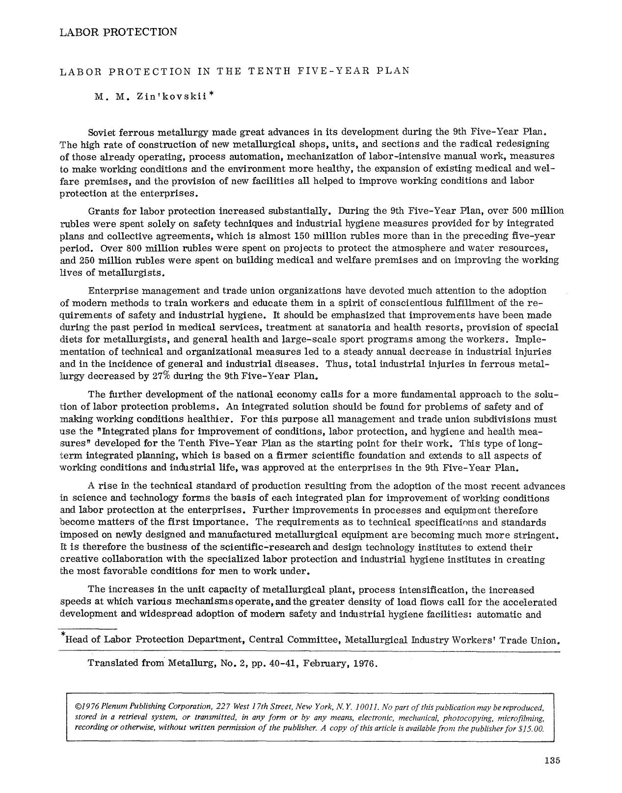 Labor protection in the Tenth Five-Year Plan by Unknown