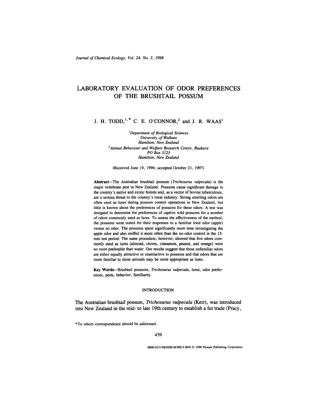 Laboratory Evaluation of Odor Preferences of the Brushtail Possum by Unknown