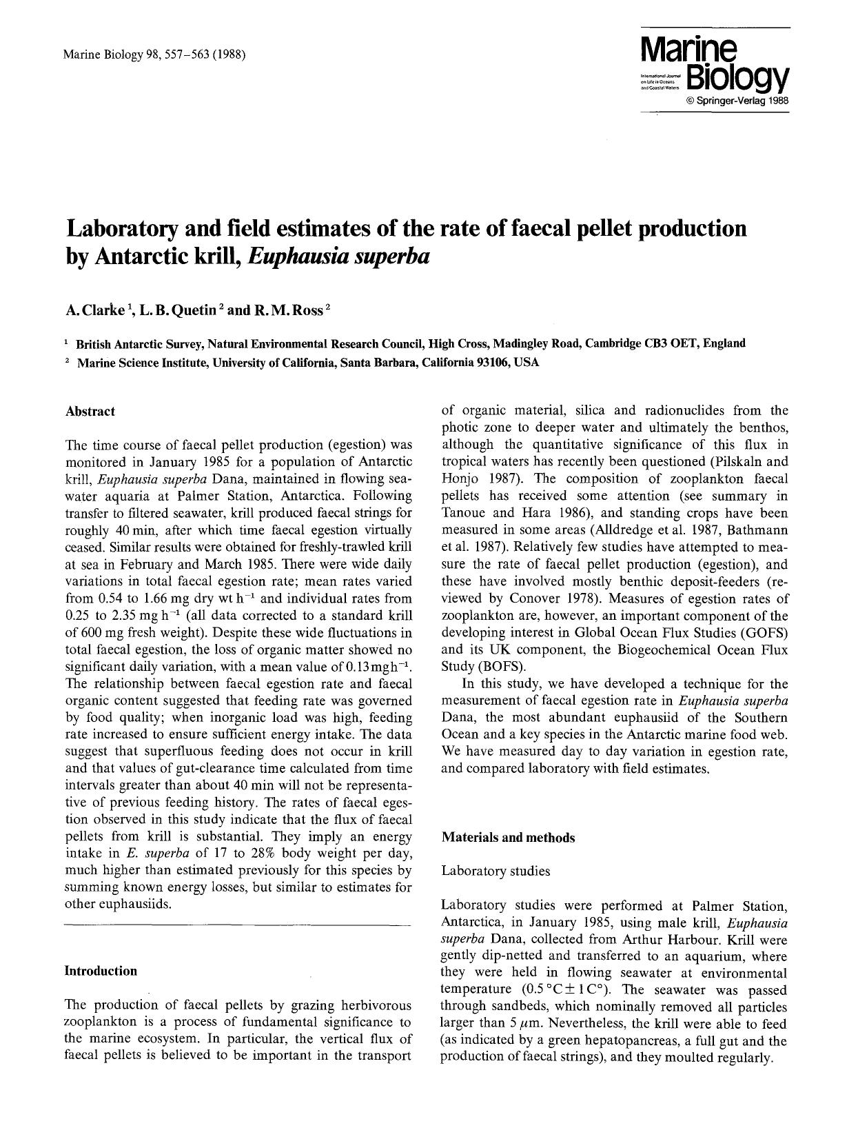 Laboratory and field estimates of the rate of faecal pellet production by Antarctic krill, <Emphasis Type="Italic">Euphausia superba<Emphasis> by Unknown