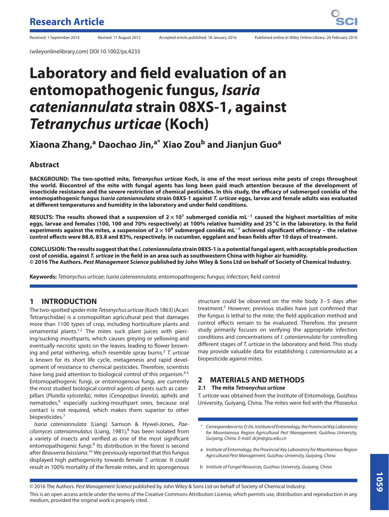 Laboratory and field evaluation of an entomopathogenic fungus, Isaria cateniannulata strain 08XS-1, against Tetranychus urticae (Koch) by Unknown