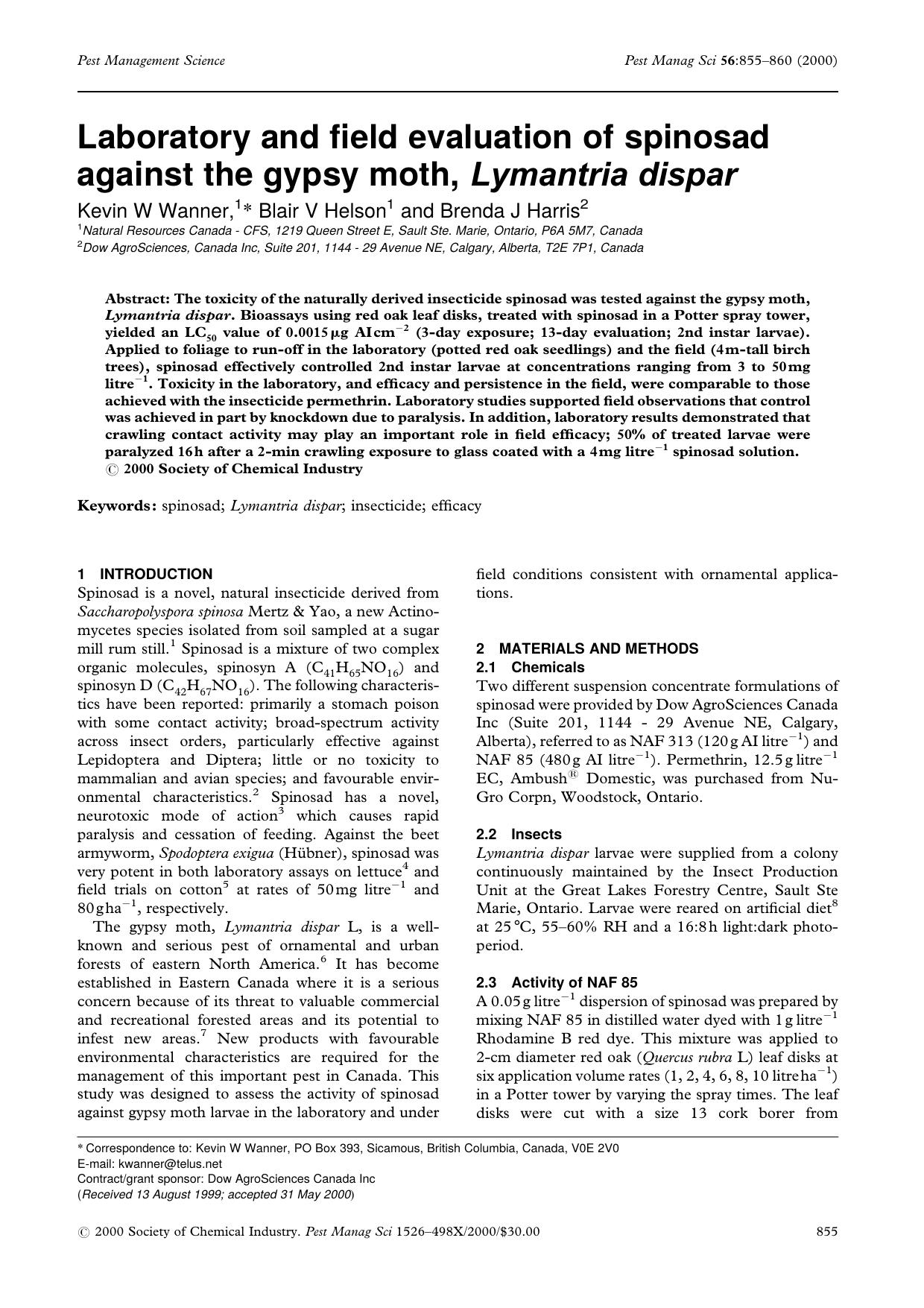 Laboratory and field evaluation of spinosad against the gypsy moth, Lymantria dispar by Unknown