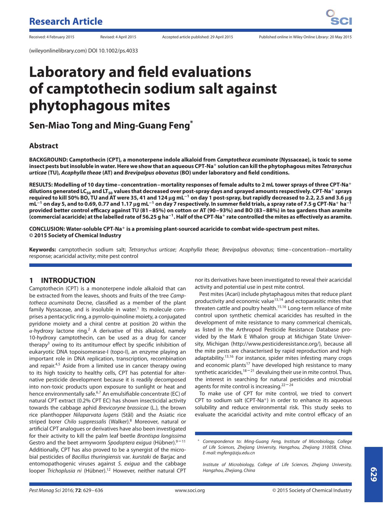 Laboratory and field evaluations of camptothecin sodium salt against phytophagous mites by Unknown