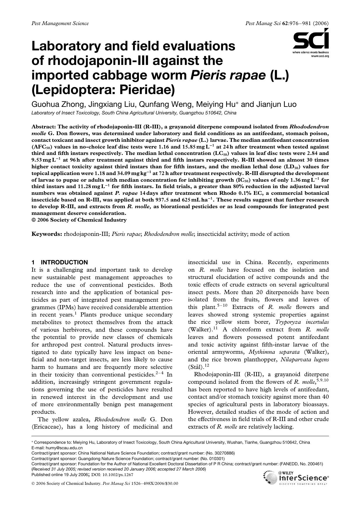 Laboratory and field evaluations of rhodojaponin-III against the imported cabbage worm Pieris rapae (L.) (Lepidoptera: Pieridae) by Unknown