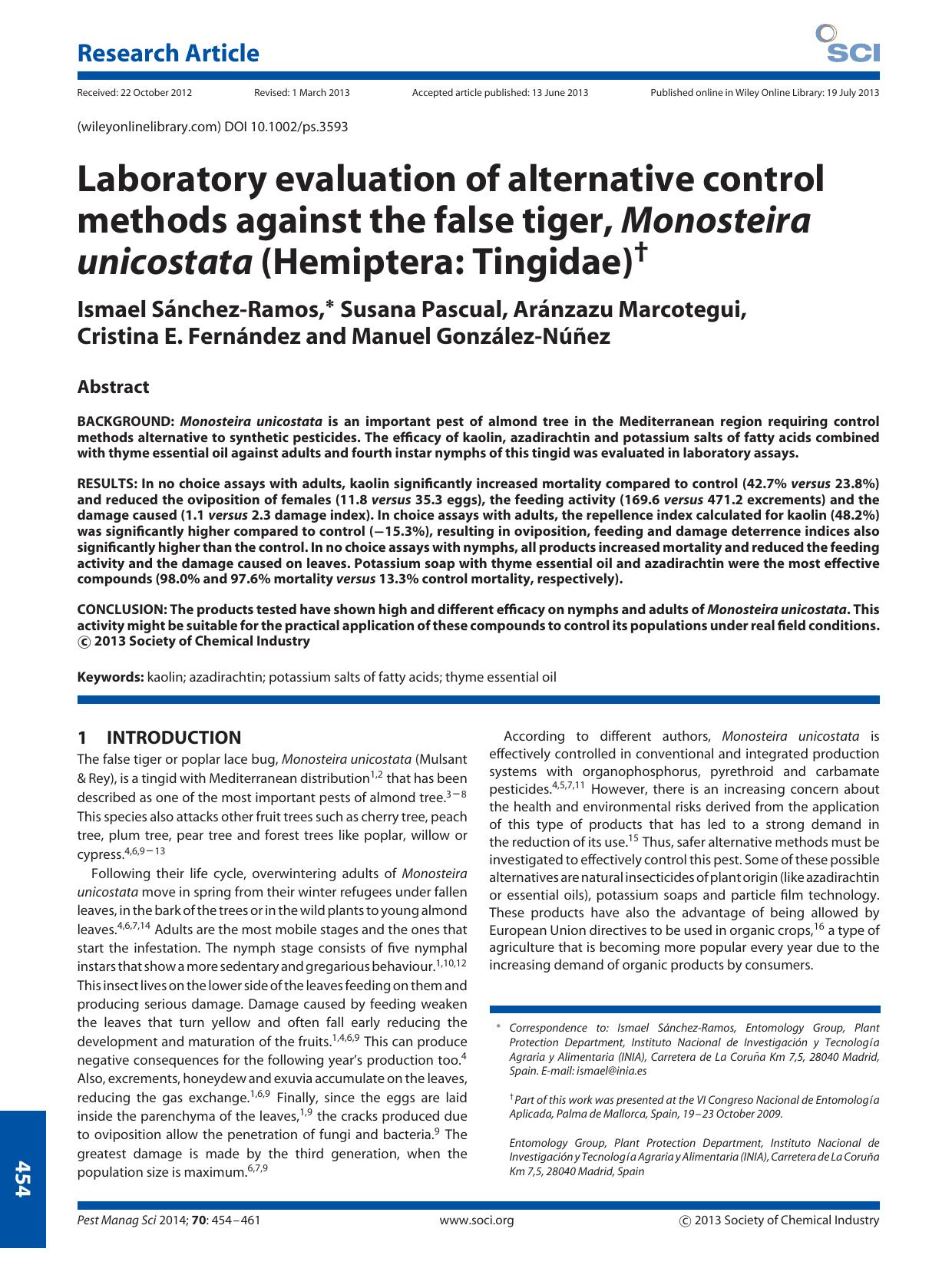 Laboratory evaluation of alternative control methods against the false tiger, Monosteira unicostata (Hemiptera: Tingidae) by Unknown
