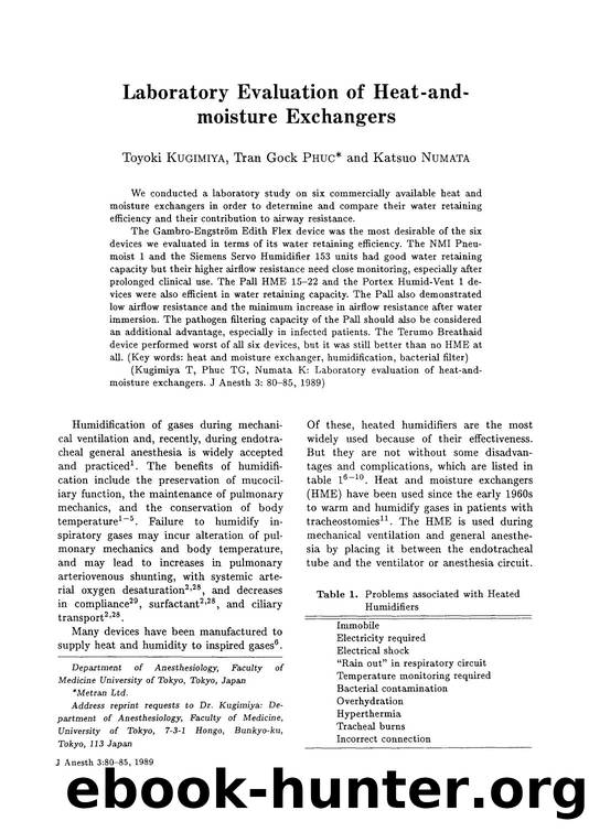 Laboratory evaluation of heat-and-moisture exchangers by Unknown