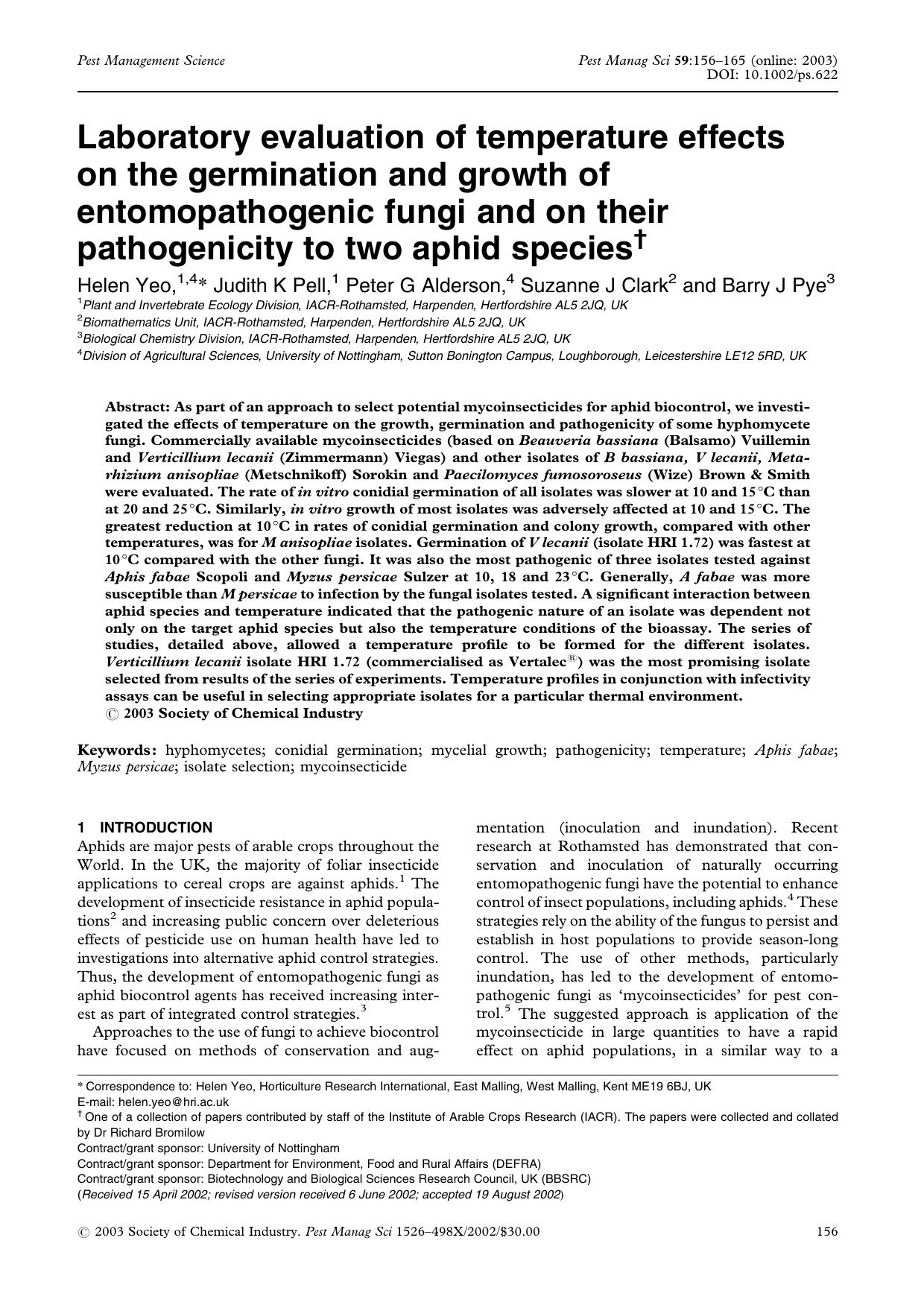 Laboratory evaluation of temperature effects on the germination and growth of entomopathogenic fungi and on their pathogenicity to two aphid species by Unknown