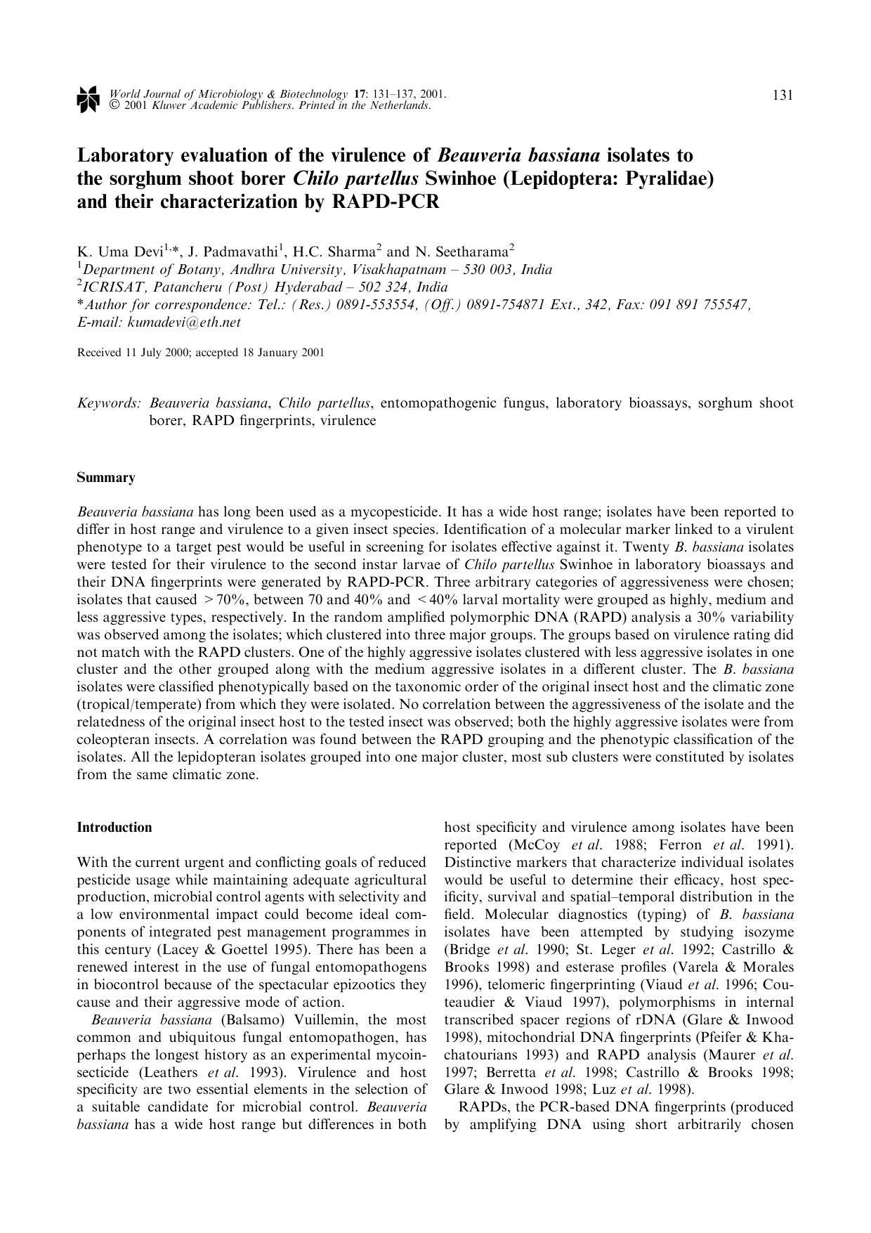 Laboratory evaluation of the virulence of Beauveria bassiana isolates to the sorghum shoot borer Chilo partellus Swinhoe (Lepidoptera: Pyralidae) and their characterization by RAPD-PCR by Unknown