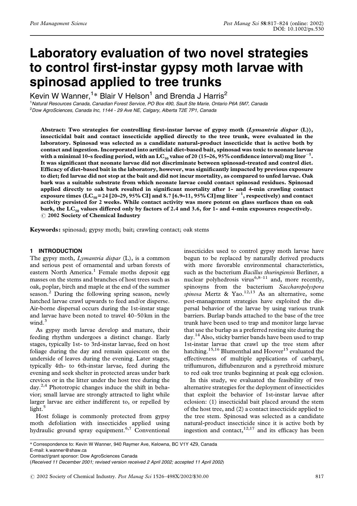 Laboratory evaluation of two novel strategies to control first-instar gypsy moth larvae with spinosad applied to tree trunks by Unknown