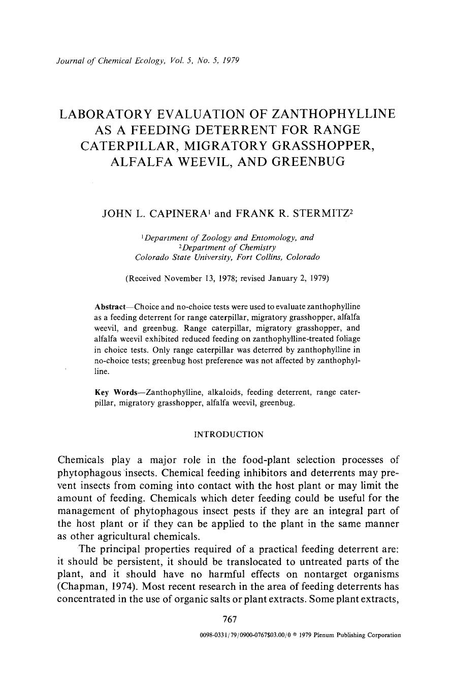 Laboratory evaluation of zanthophylline as a feeding deterrent for range caterpillar, migratory grasshopper, alfalfa weevil, and greenbug by Unknown