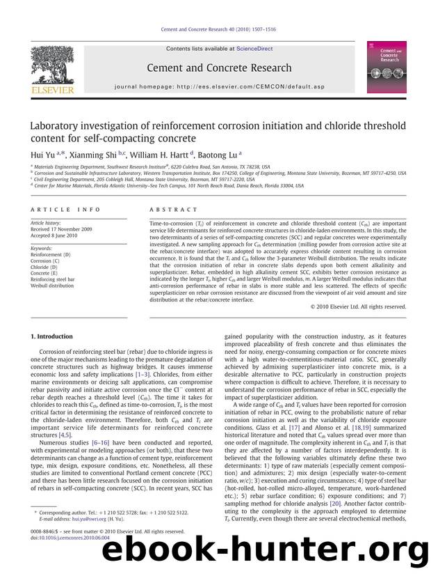 Laboratory investigation of reinforcement corrosion initiation and chloride threshold content for self-compacting concrete by Hui Yu & Xianming Shi & William H. Hartt & Baotong Lu