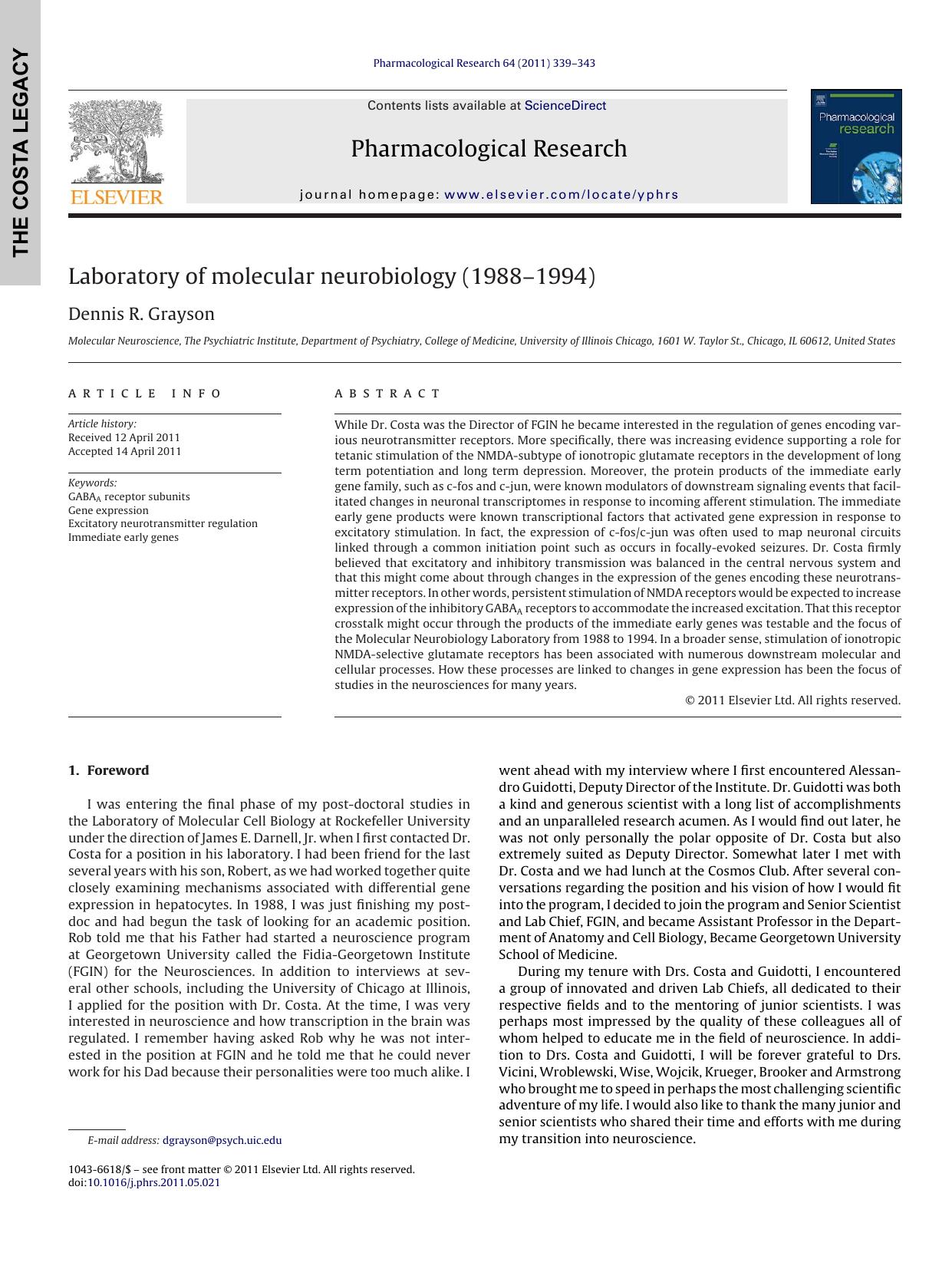 Laboratory of molecular neurobiology (1988Ã¢â¬â1994) by Dennis R. Grayson