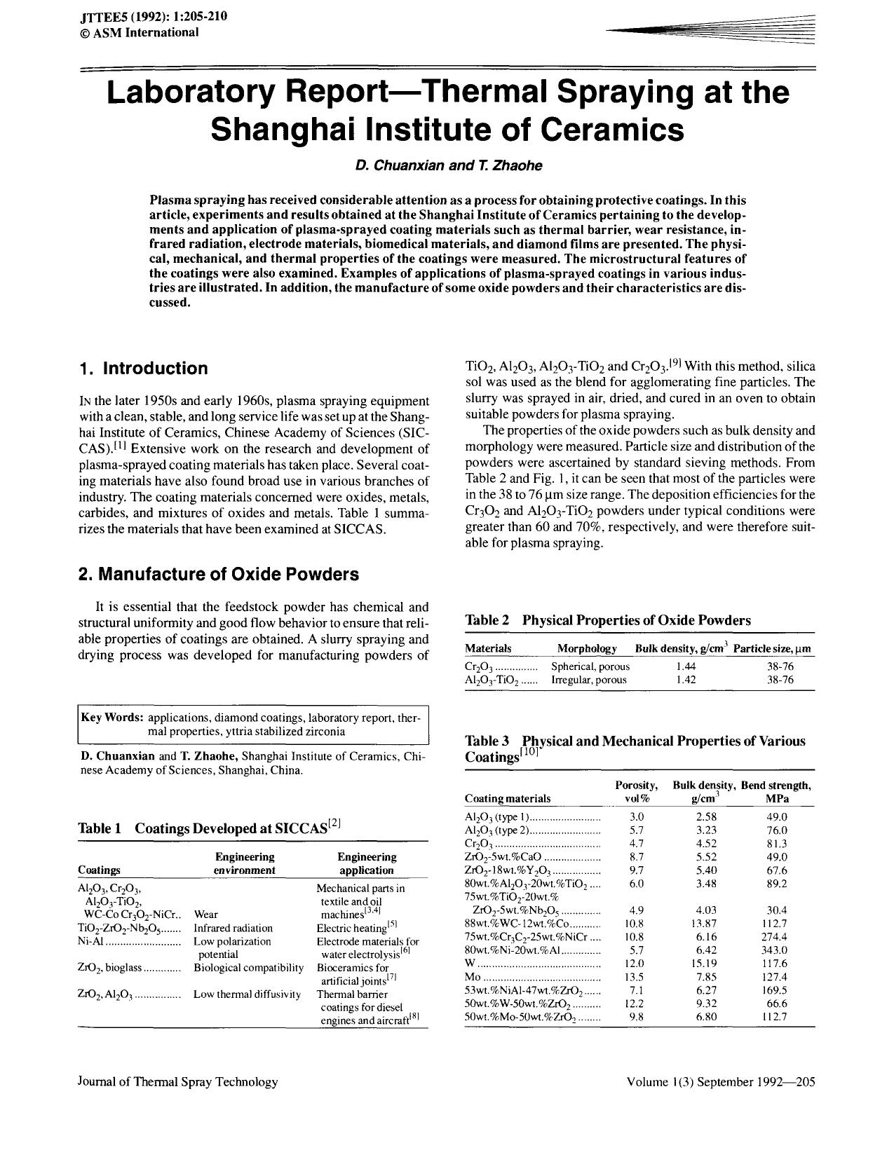 Laboratory report—thermal spraying at the shanghai institute of ceramics by Unknown