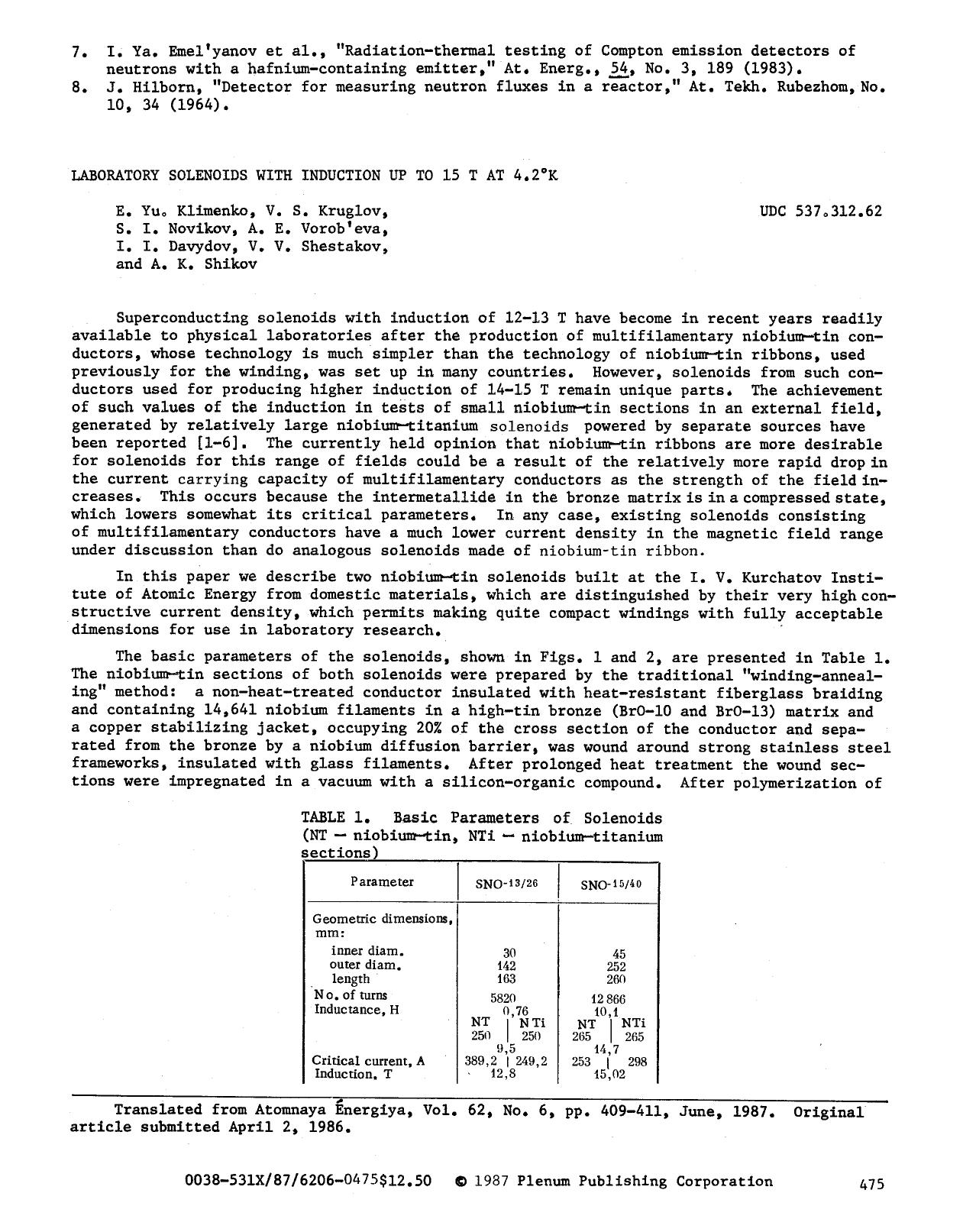 Laboratory solenoids with induction up to 15 T at 4.2°K by Unknown