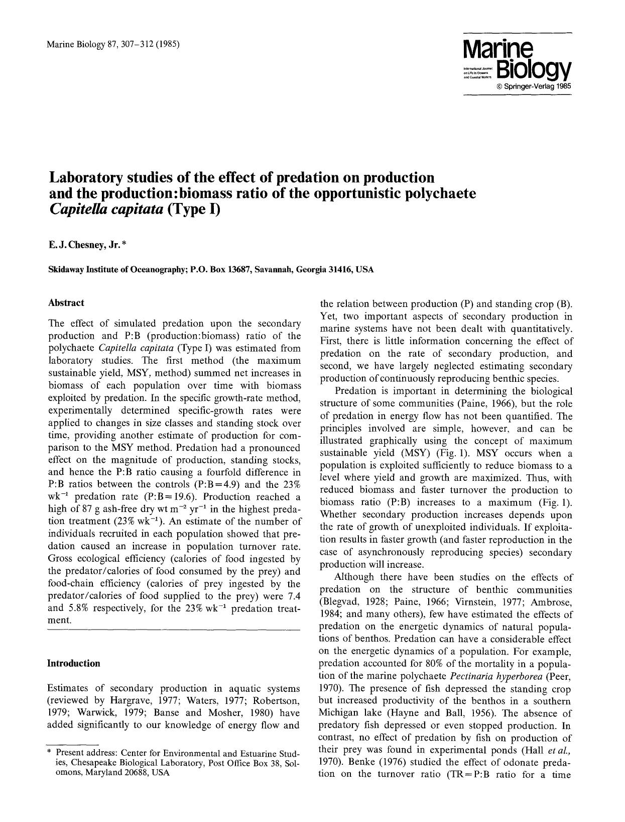 Laboratory studies of the effect of predation on production and the production:biomass ratio of the opportunistic polychaete <Emphasis Type="Italic">Capitella capitata<Emphasis> (Type I) by Unknown