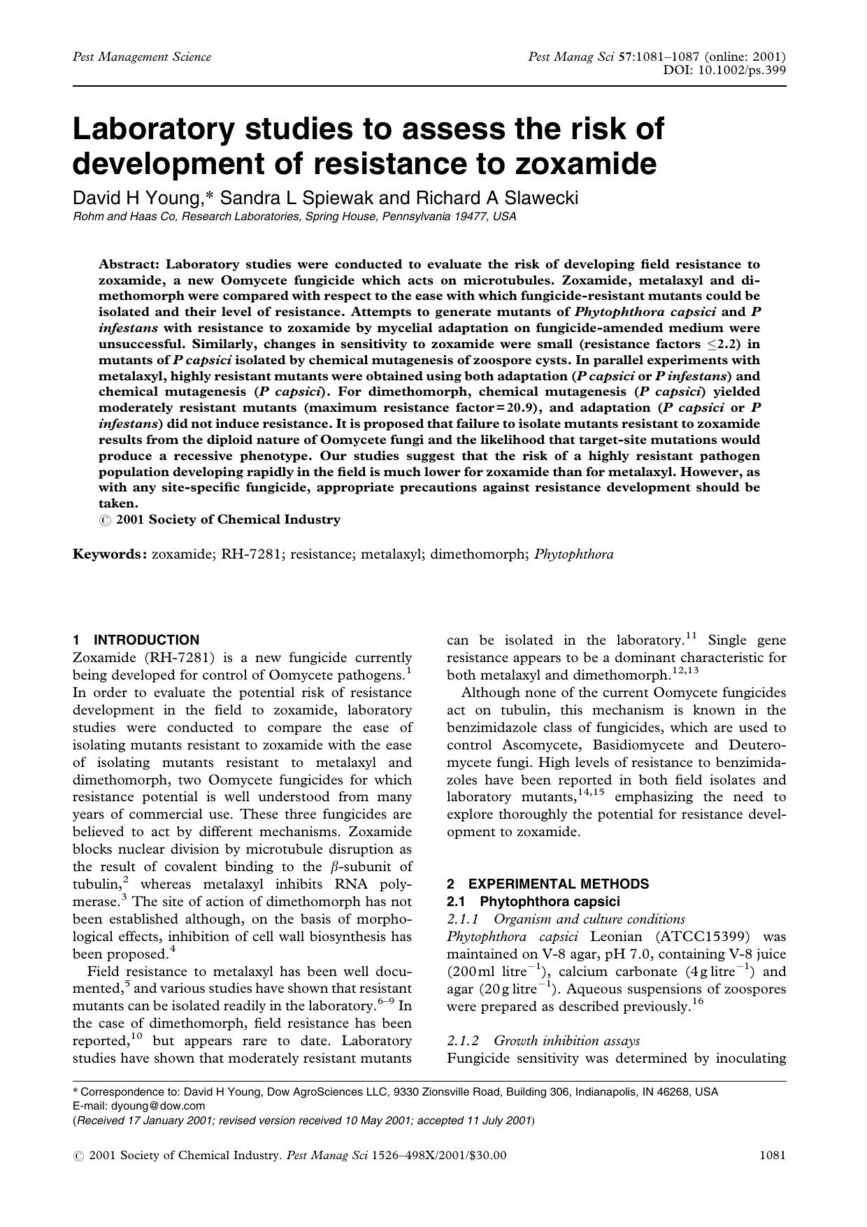 Laboratory studies to assess the risk of development of resistance to zoxamide by Unknown