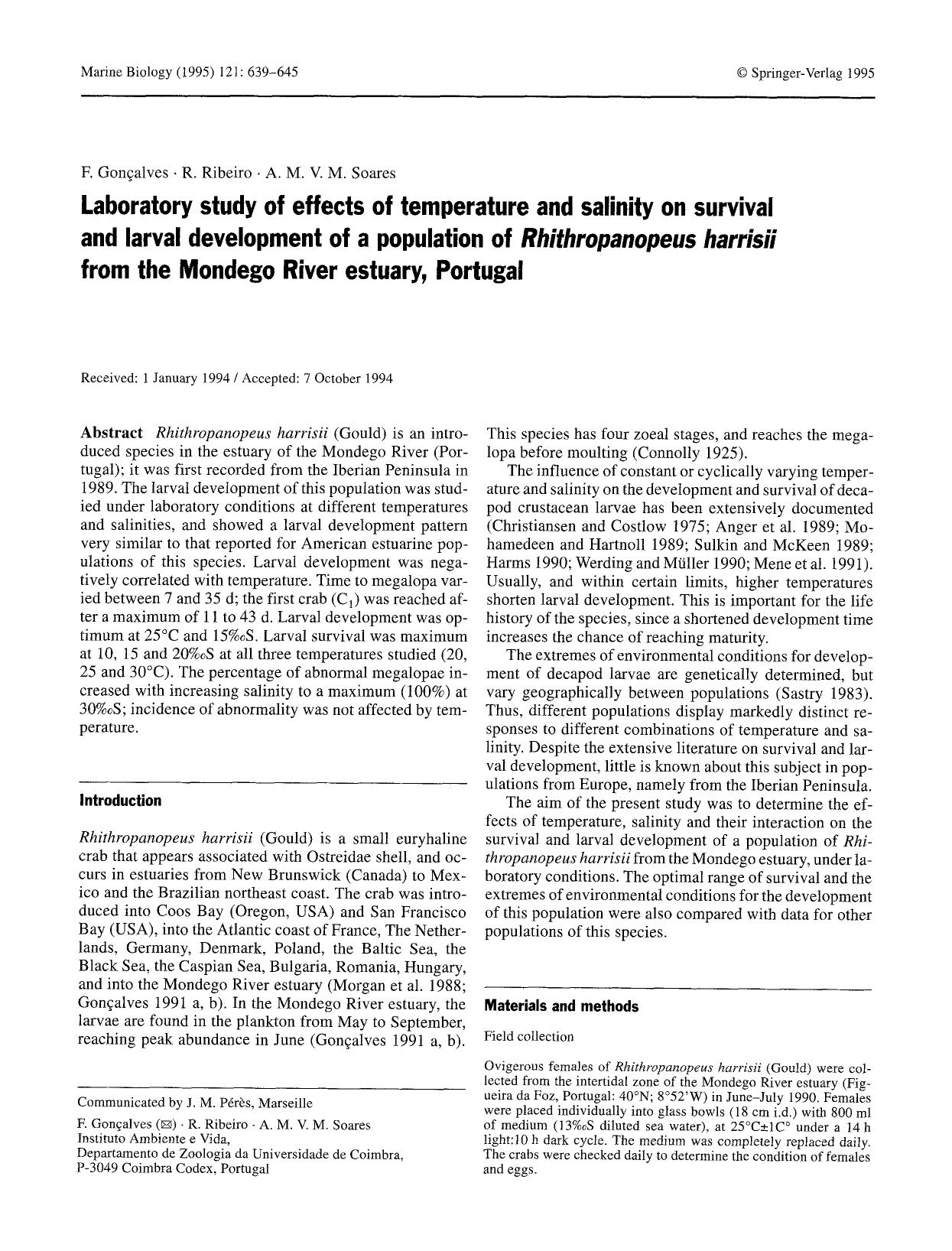 Laboratory study of effects of temperature and salinity on survival and larval development of a population of <Emphasis Type="Italic">Rhithropanopeus harrisii<Emphasis> from the Mo by Unknown