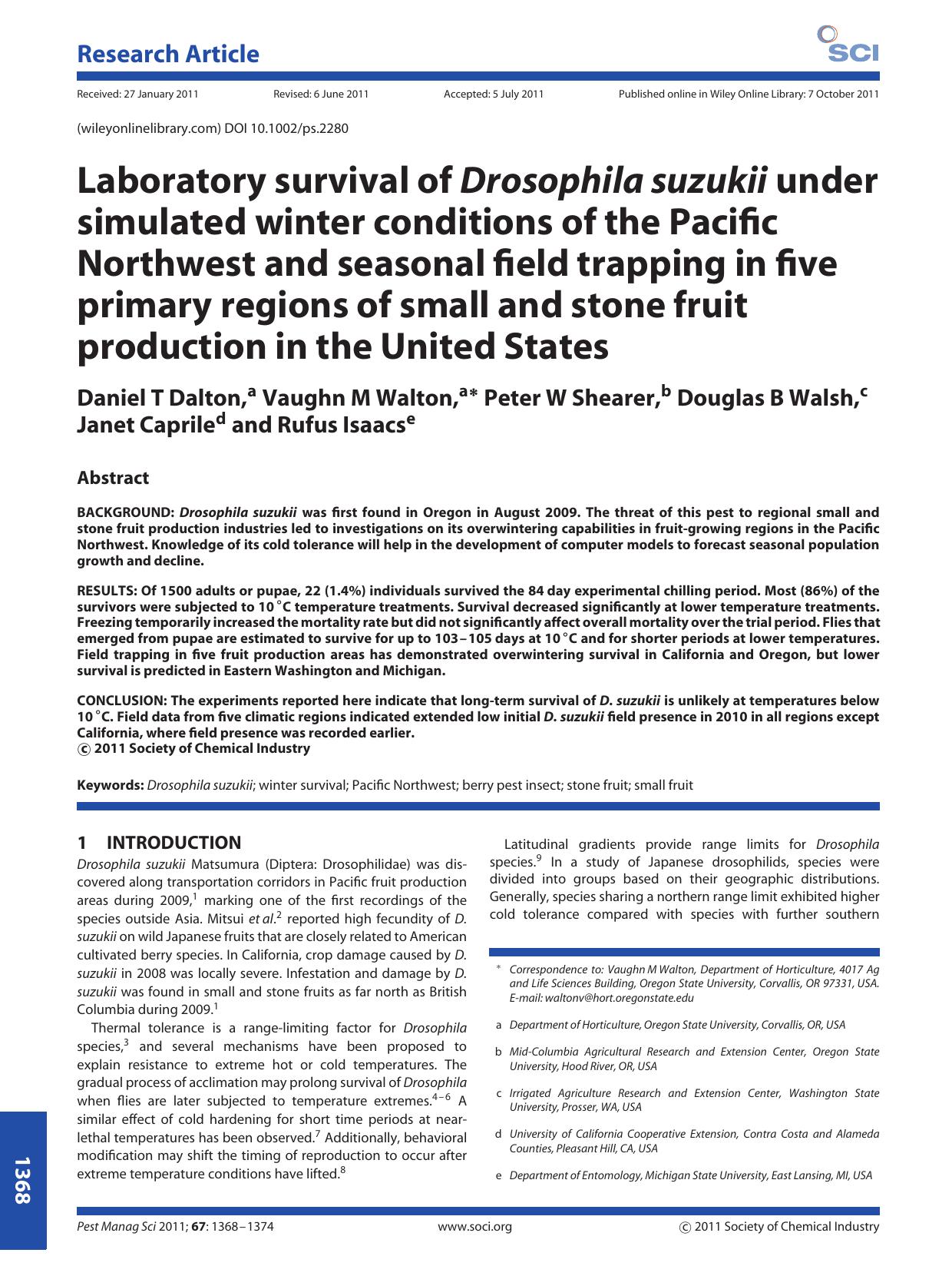 Laboratory survival of Drosophila suzukii under simulated winter conditions of the Pacific Northwest and seasonal field trapping in five primary regions of small and stone fruit pr by Unknown