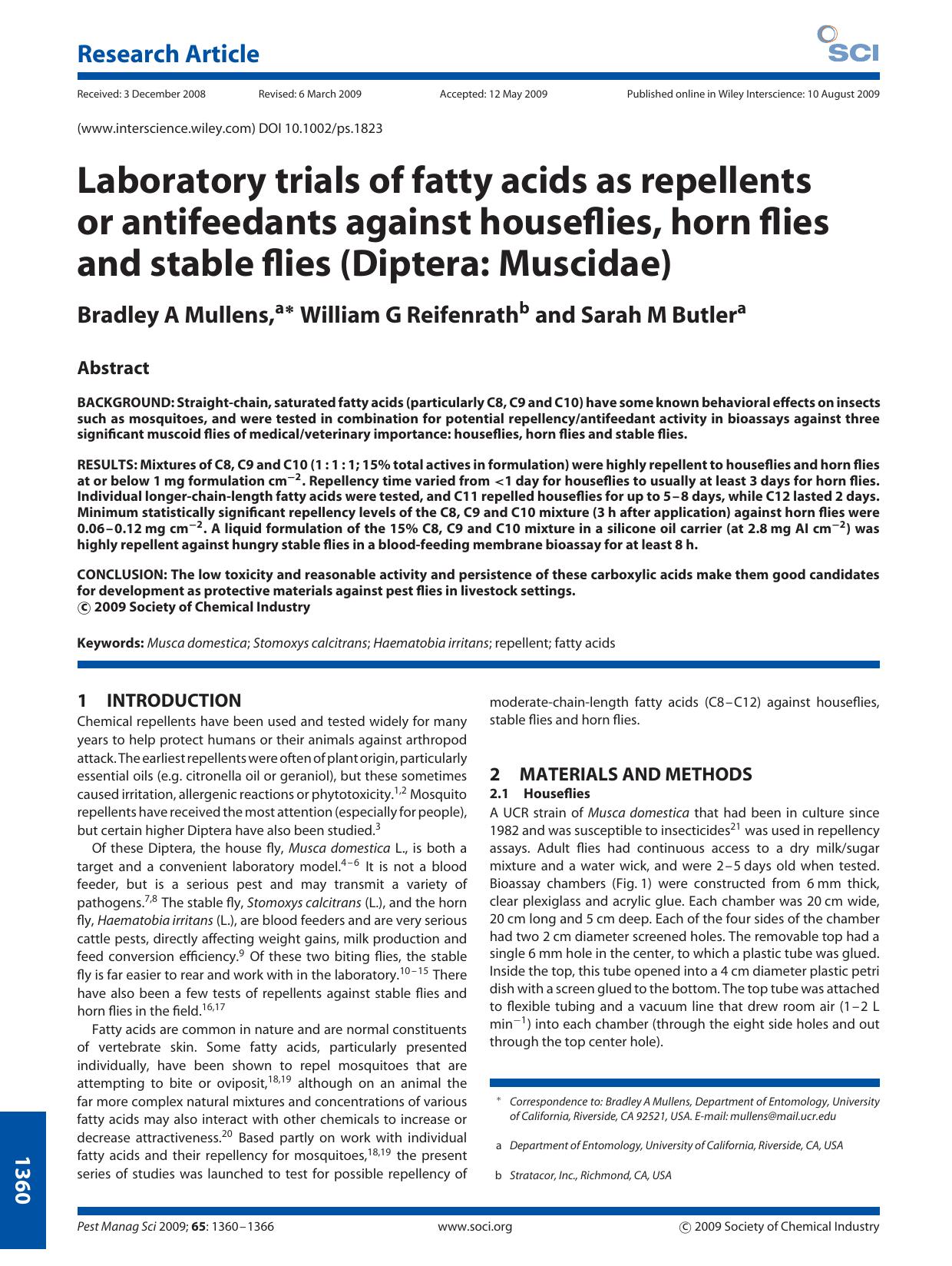Laboratory trials of fatty acids as repellents or antifeedants against houseflies, horn flies and stable flies (Diptera: Muscidae) by Unknown