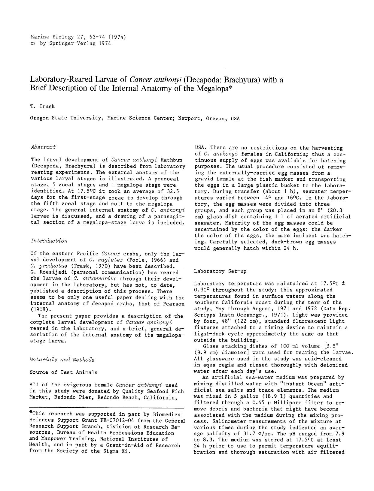 Laboratory-reared larvae of <Emphasis Type="Italic">Cancer anthonyi<Emphasis> (Decapoda: Brachyura) with a brief description of the internal anatomy of the megalopa by Unknown