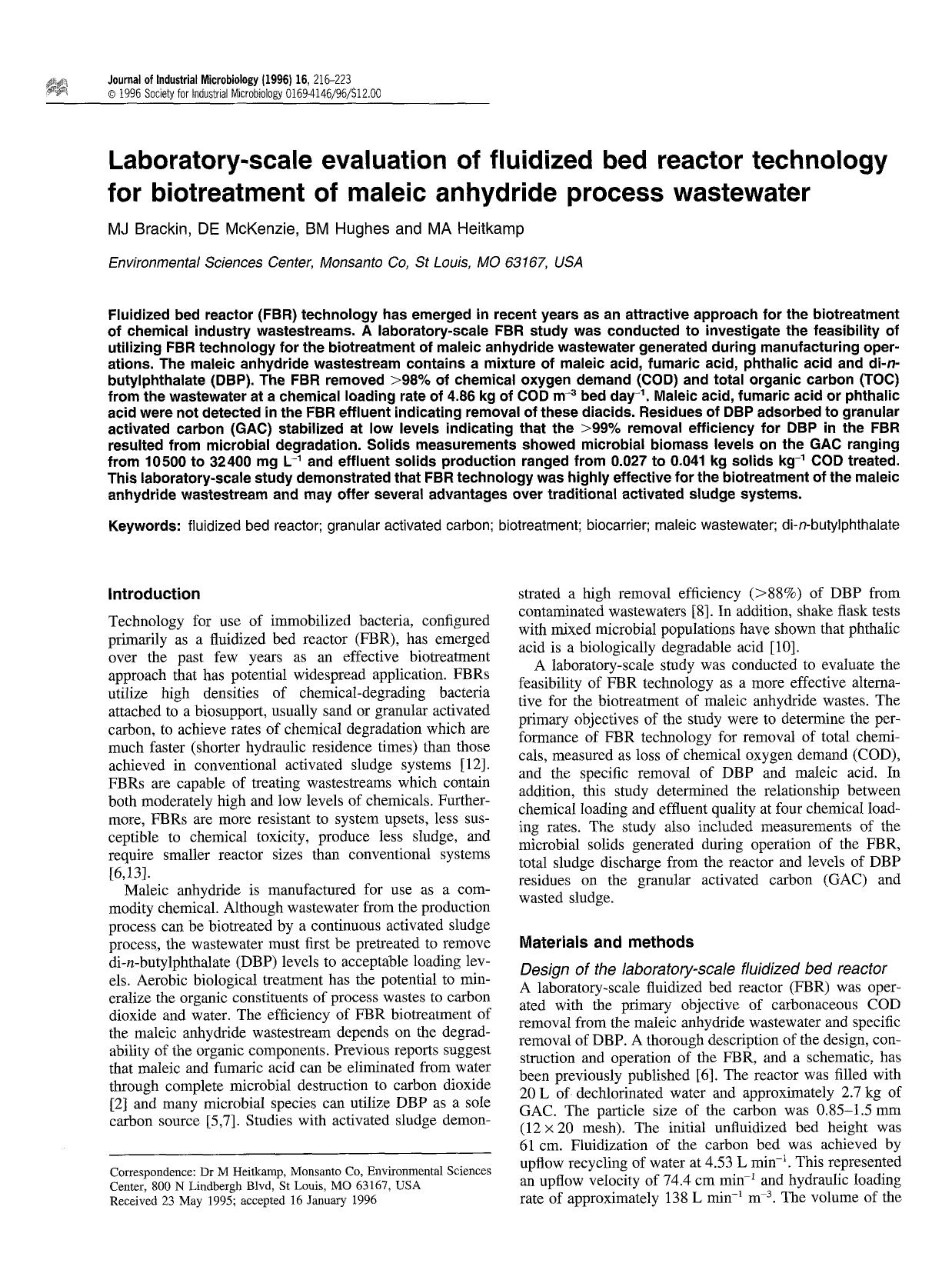 Laboratory-scale evaluation of fluidized bed reactor technology for biotreatment of maleic anhydride process wastewater by Unknown