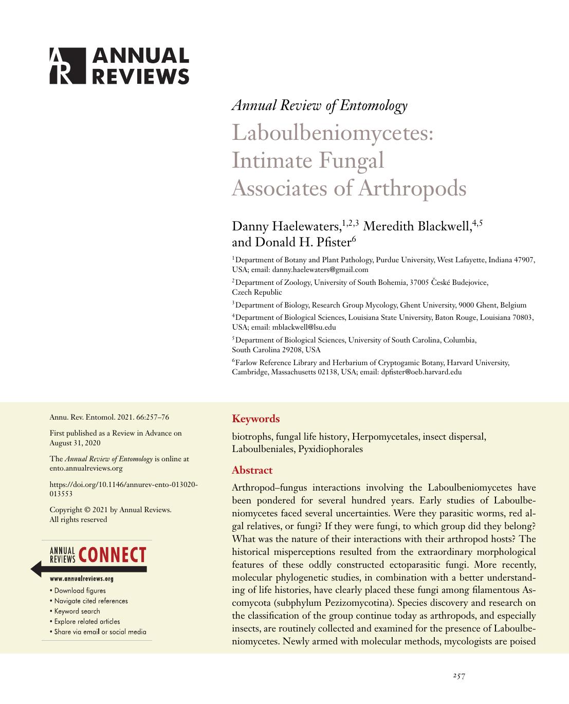 Laboulbeniomycetes: Intimate Fungal Associates of Arthropods by Danny Haelewaters Meredith Blackwell Donald H. Pfister