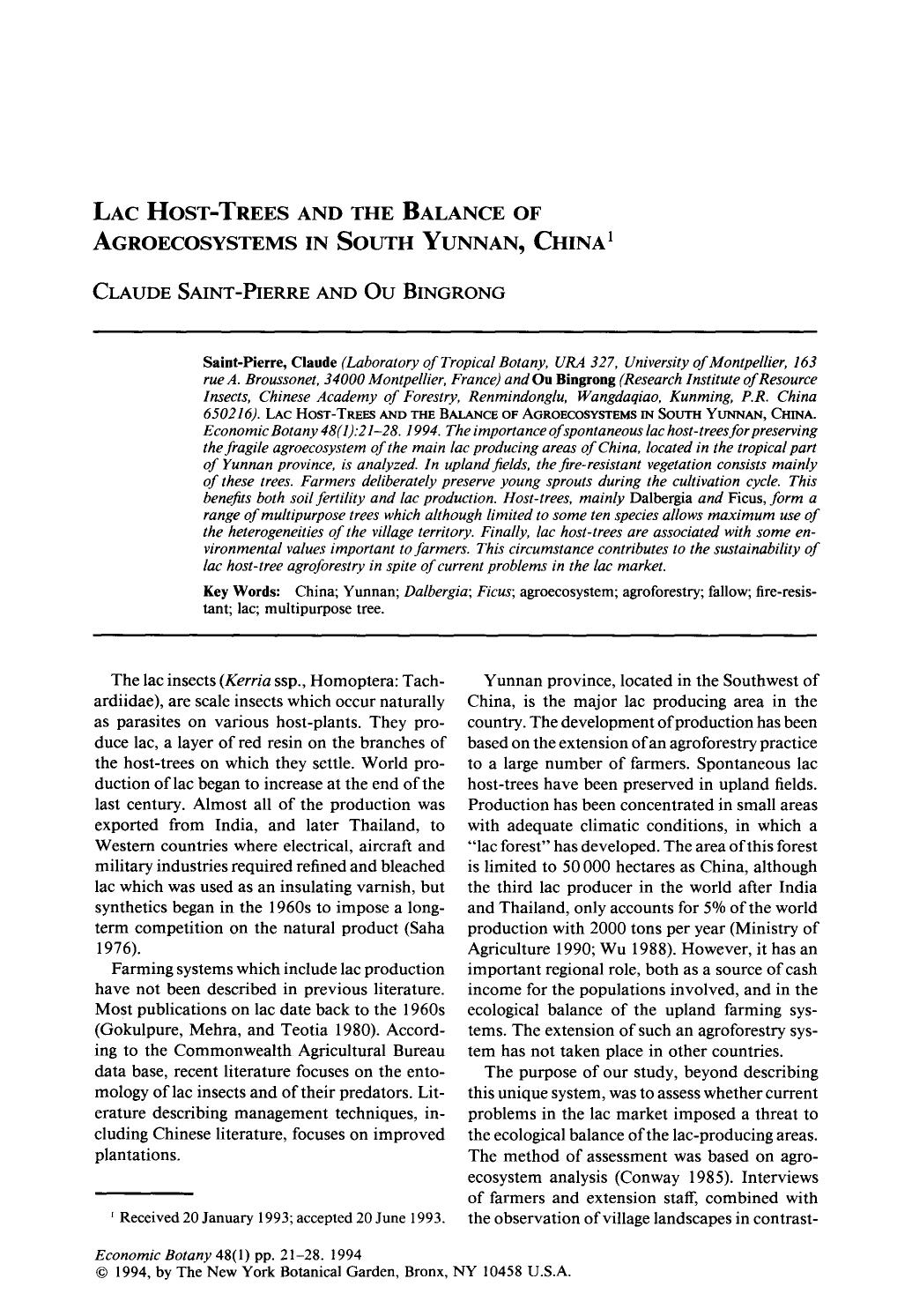 Lac host-trees and the balance of agroecosystems in south Yunnan, China by Unknown