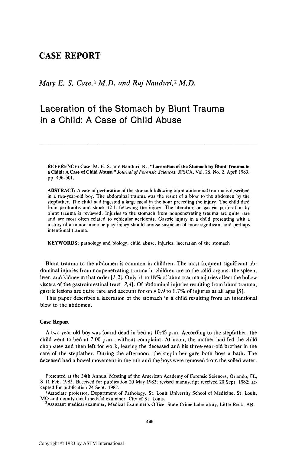 Laceration of the Stomach by Blunt Trauma in a Child: A Case of Child Abuse by Case MES Nanduri R