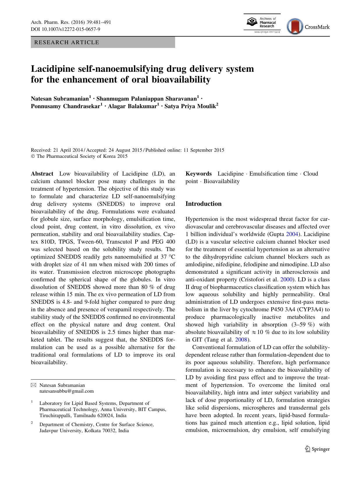 Lacidipine self-nanoemulsifying drug delivery system for the enhancement of oral bioavailability by unknow